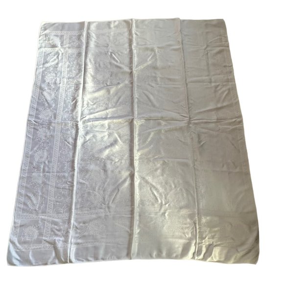 Sold🎈Damask Tablecloth Rectangular Floral Swirl Greek Key Border White - Picture 2 of 11